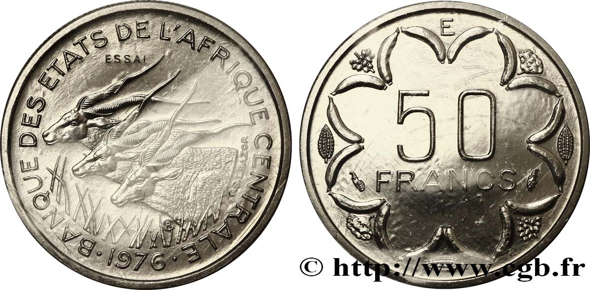 ESTADOS DE ÁFRICA CENTRAL
 Essai de 50 Francs antilopes lettre ‘E’ Cameroun 1976 Paris FDC 