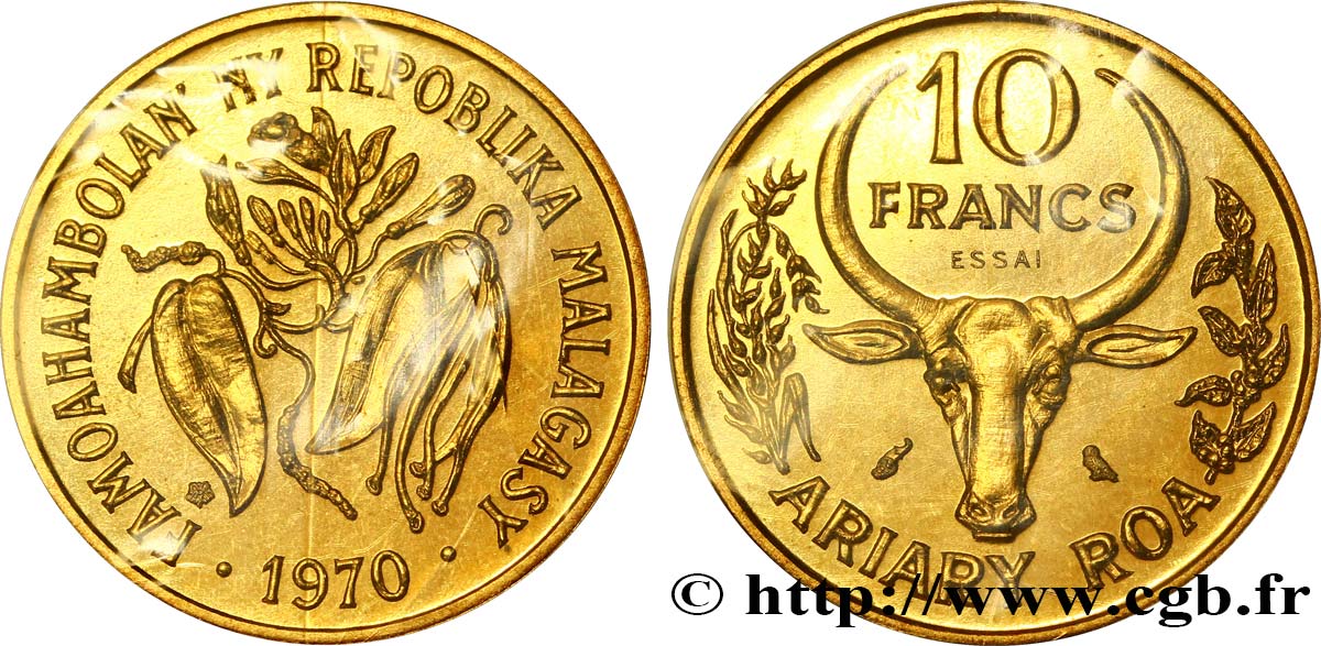 MADAGASKAR Essai de 10 Francs - 2 Ariary buffle / fleurs 1970 Paris ST70 