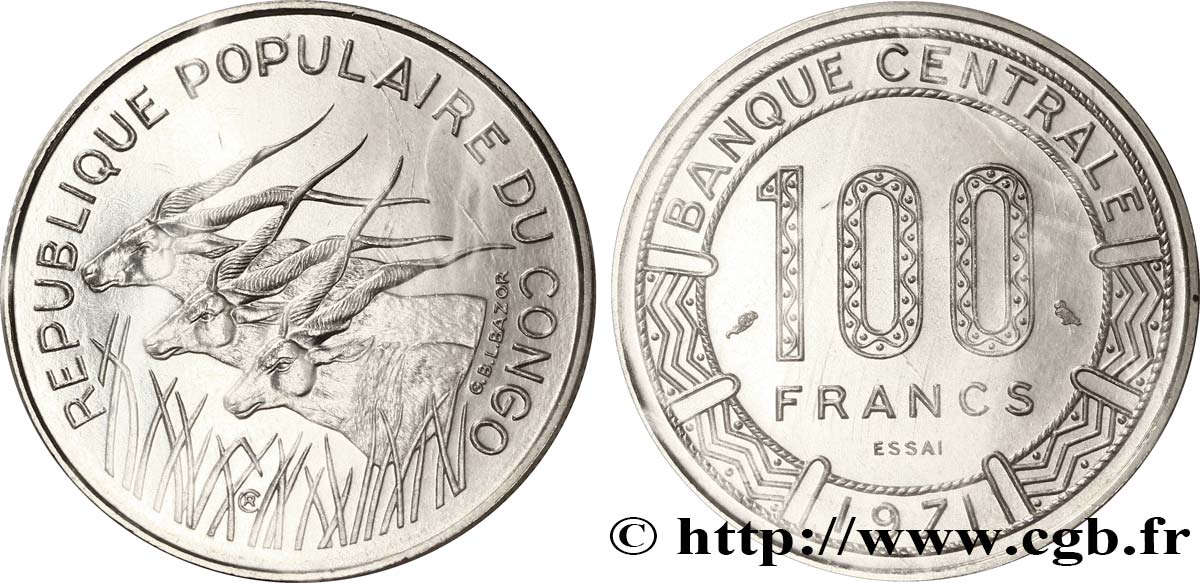 CONGO (RÉPUBLIQUE) Essai de 100 Francs type “Banque Centrale”, antilopes 1971 Paris FDC70 