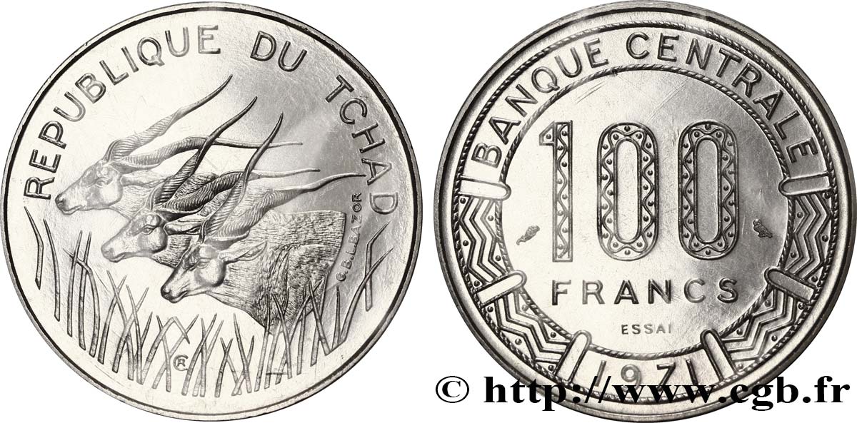 TCHAD Essai de 100 Francs type “Banque Centrale”, antilopes 1971 Paris FDC 