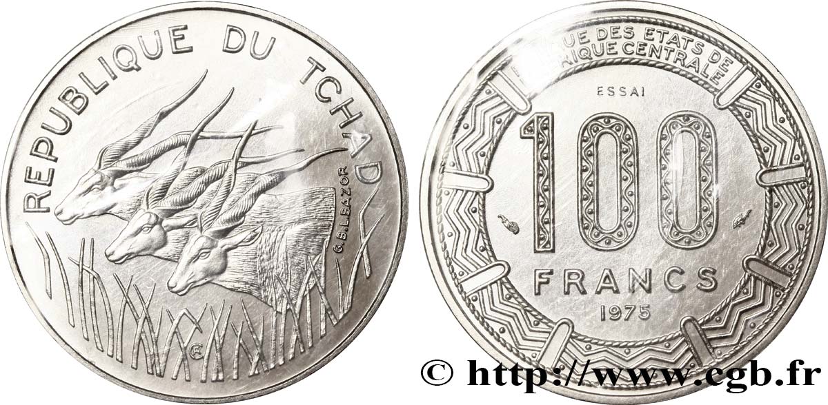 TCHAD Essai de 100 Francs type “Banque Centrale”, antilopes 1975 Paris FDC 