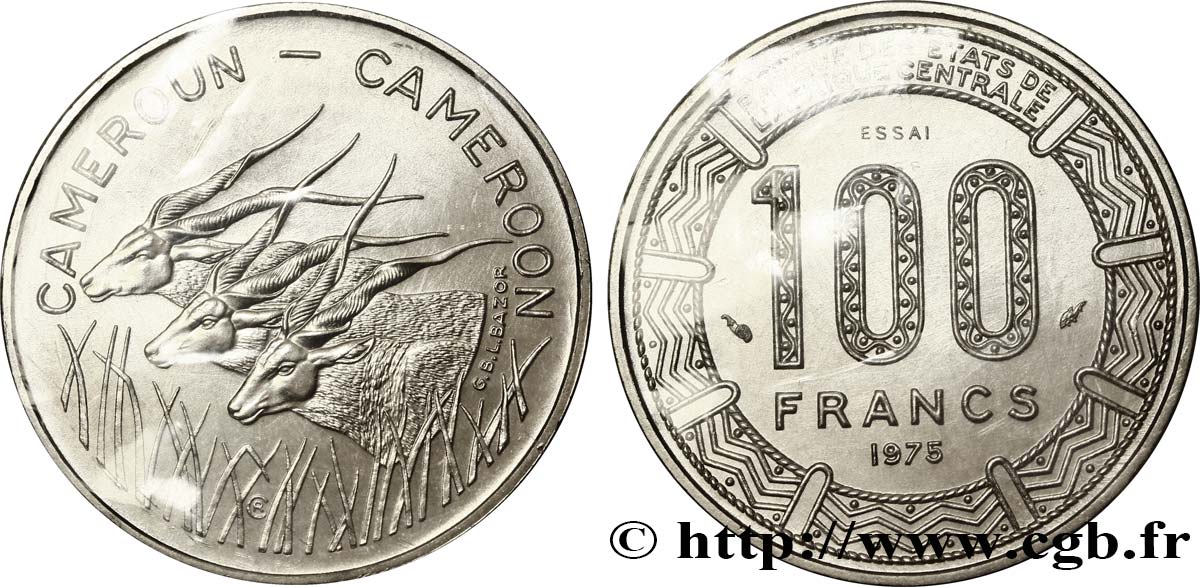 CAMERúN Essai 100 Francs légende bilingue, type BEAC antilopes 1975 Paris FDC 