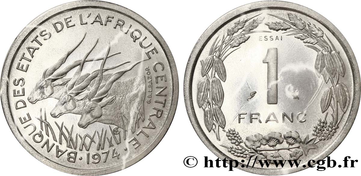 ÉTATS DE L AFRIQUE CENTRALE Essai de 1 Franc antilopes 1974 Paris FDC 