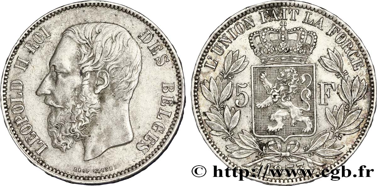BELGIQUE 5 Francs Léopold II tranche position B 1873  TTB 