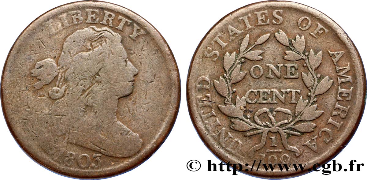 ÉTATS-UNIS D AMÉRIQUE 1 Cent type au buste drapé 1796-1807 1803 Philadelphie B+ 