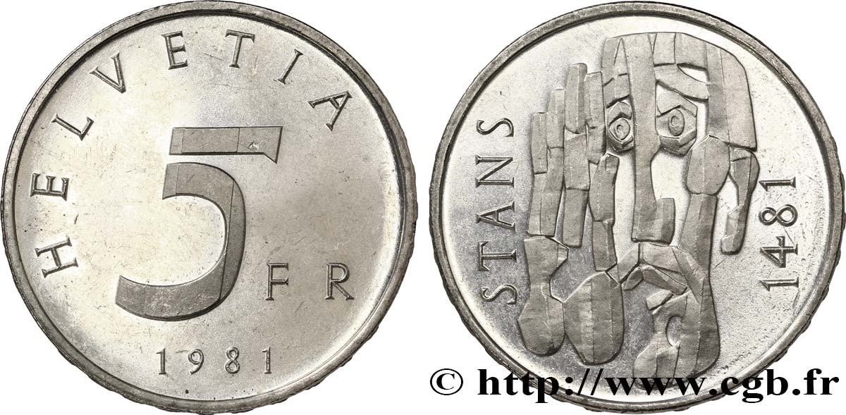 SUISSE 5 Francs 500e anniversaire du convenant de Stans 1481 1981 Berne - B SUP 
