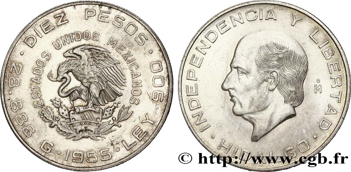 MEXIQUE 10 Pesos Miguel Hidalgo y Costilla 1955 Mexico SPL 