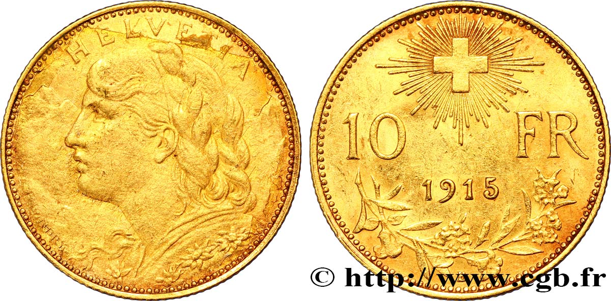 SUISSE 10 Francs or  Vreneli  Buste diadémé d Helvetia / Croix suisse 1915 Berne - B TTB 