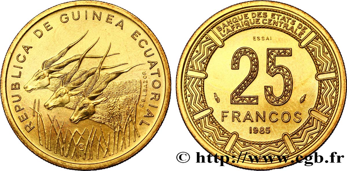 GUINÉE ÉQUATORIALE Essai 25 Francos BEAC antilopes 1985  SPL 