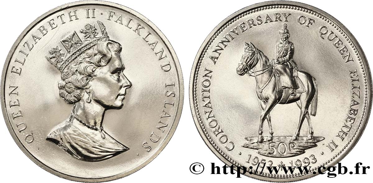 ISLAS MALVINAS 50 Pence 40e anniversaire du couronnement de la reine Élisabeth II  1993  EBC 