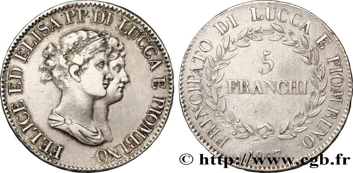 ITALIE - LUCQUES ET PIOMBINO 5 Franchi - Moyens bustes 1807 Florence TB+ 
