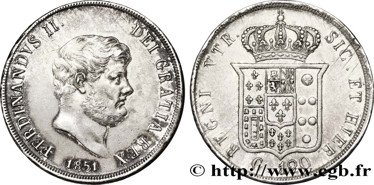 ITALIE - ROYAUME DES DEUX-SICILES 120 Grana Ferdinand II Petite tête 1851 Naples TTB 