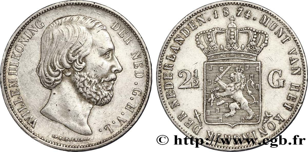 PAYS-BAS 2 1/2 Gulden Guillaume III 1874 Utrecht TTB+ 