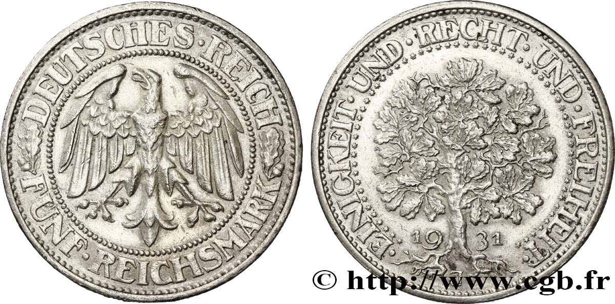 ALLEMAGNE 5 Reichsmark aigle 1931 Hambourg  SUP 