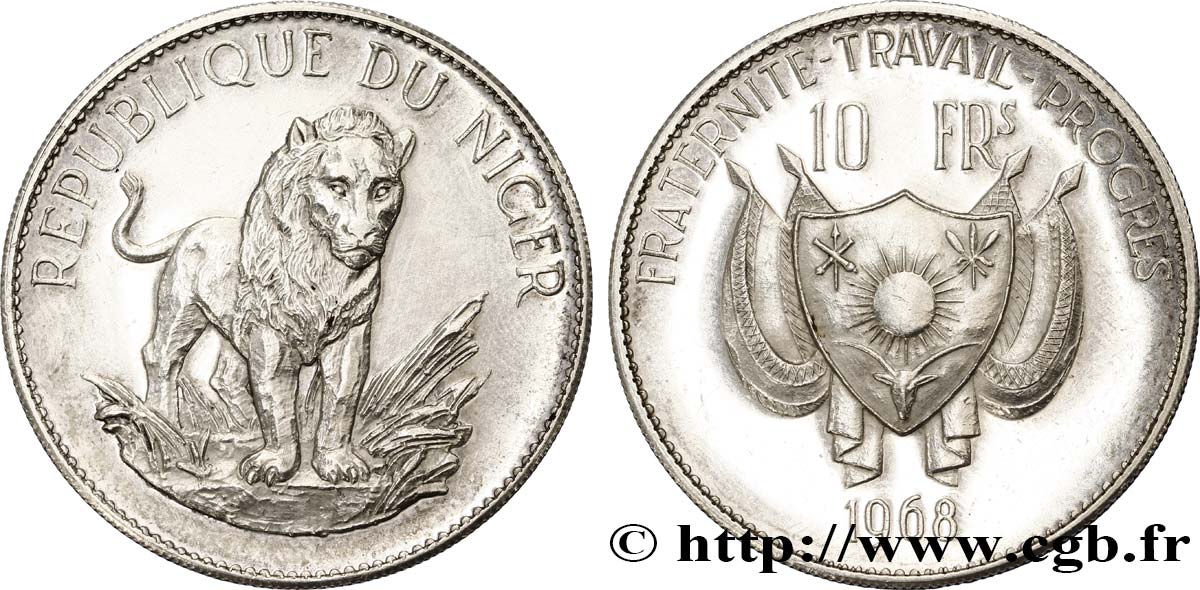 NIGER 10 Francs lion / emblème 1968  SUP 