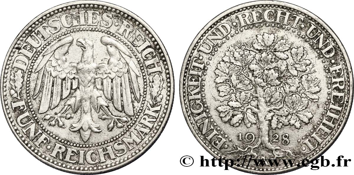 GERMANY 5 Reichsmark aigle 1928 Berlin AU 