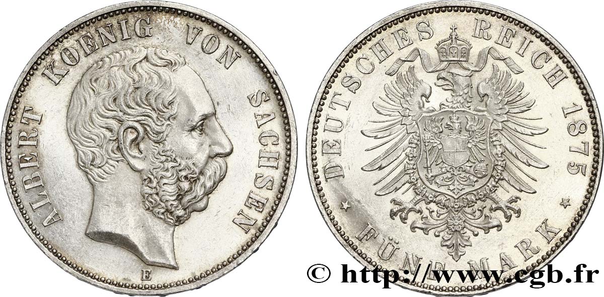 ALLEMAGNE - SAXE 5 Mark roi Albert de Saxe 1875 Muldenhütten - E SUP 