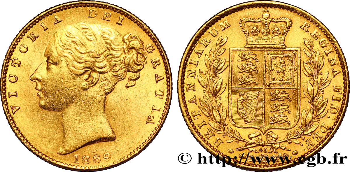 ROYAUME-UNI Souverain Victoria buste jeune / blason variété avec numéro de coin n°45 1869 Londres SUP 