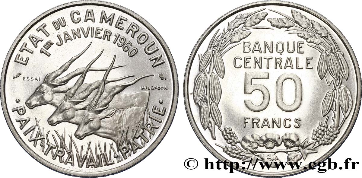 CAMEROUN Essai de 50 Francs Etat du Cameroun, commémoration de l’indépendance, antilopes 1960 Paris SPL 