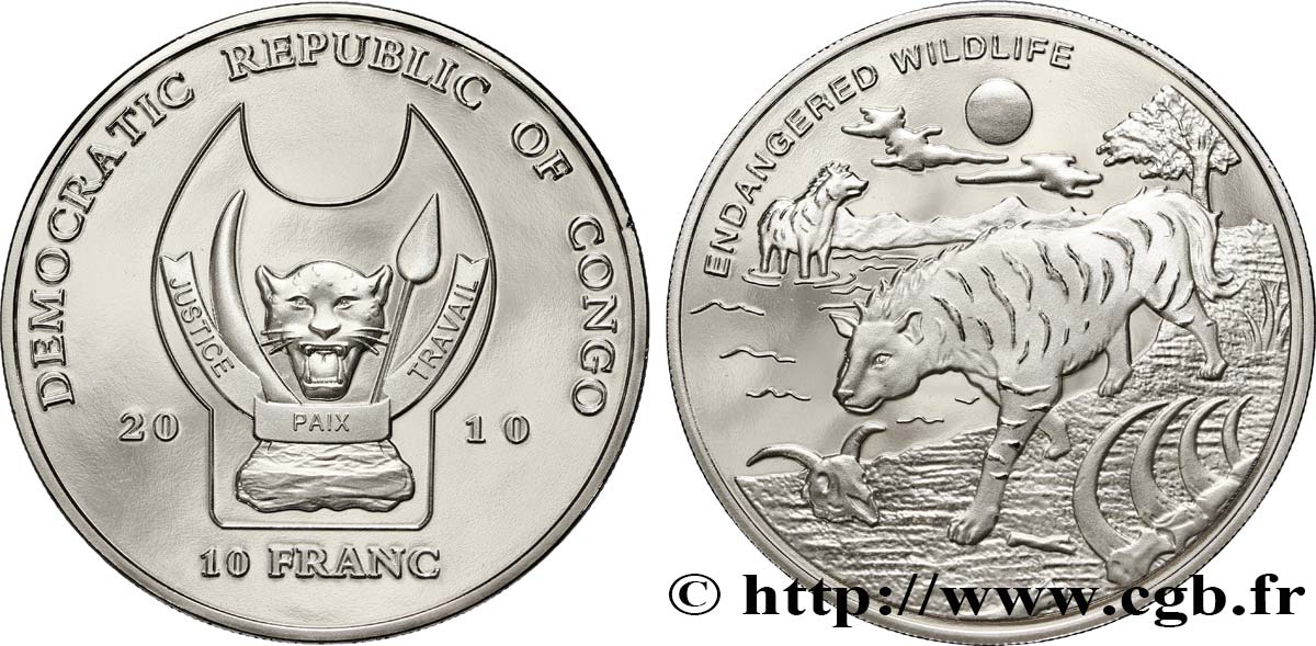 RÉPUBLIQUE DÉMOCRATIQUE DU CONGO 10 Franc(s) Proof Espèces en danger : hyène 2010  FDC 