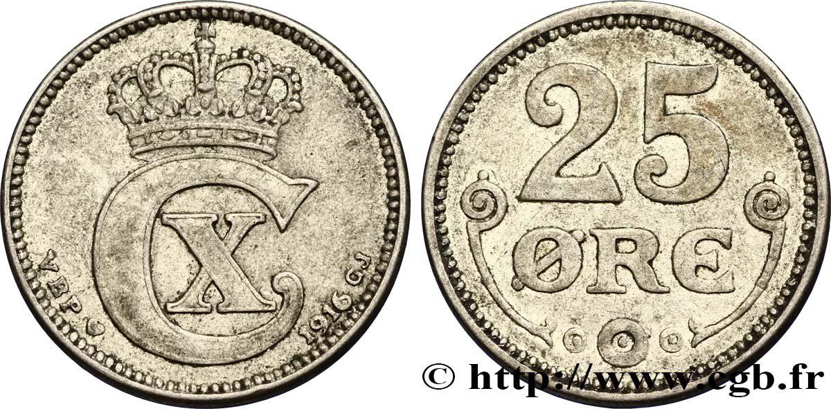 DANEMARK 25 Ore monogramme de Christian X roi du Danemark 1916 Copenhague TTB 