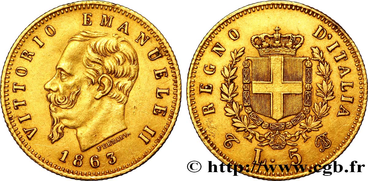 ITALIE 5 Lire Victor Emmanuel II roi d’Italie 1863 Turin - T TTB+ 