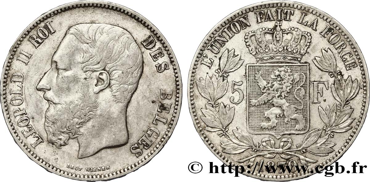 BELGIUM 5 Francs Léopold II / Écu couronné 1870  VF 