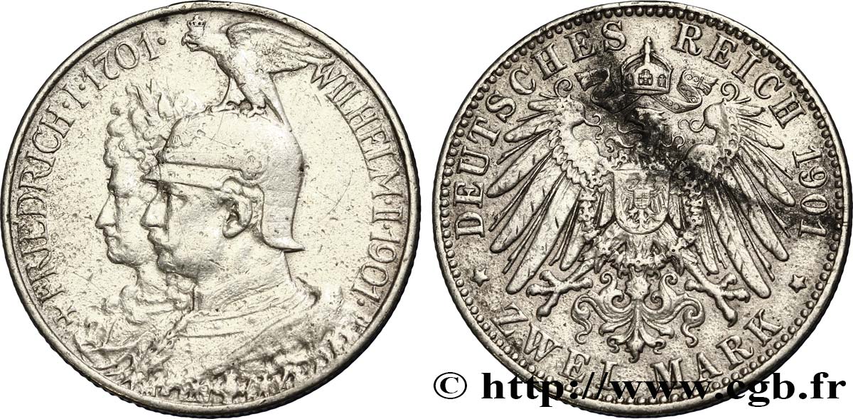 ALLEMAGNE - PRUSSE 2 Mark Royaume de Prusse Guillaume II 200e anniversaire de la Prusse / aigle.. 1901 Berlin TB+ 