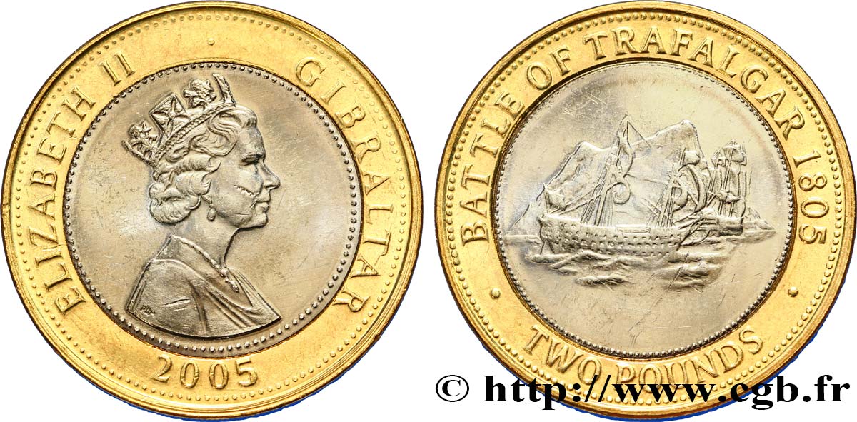 GIBRALTAR 2 Pounds (2 Livres) Elisabeth II / bataille navale de Trafalgar en 1805 2005  SPL 