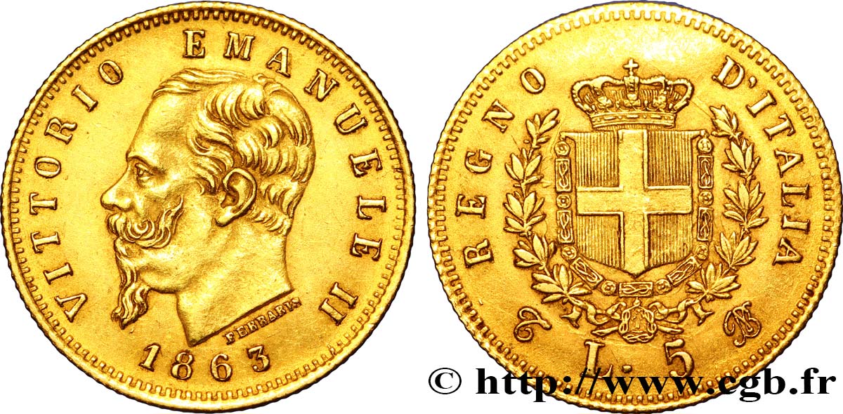 ITALIE 5 Lire Victor Emmanuel II roi d’Italie 1863 Turin - T TTB 