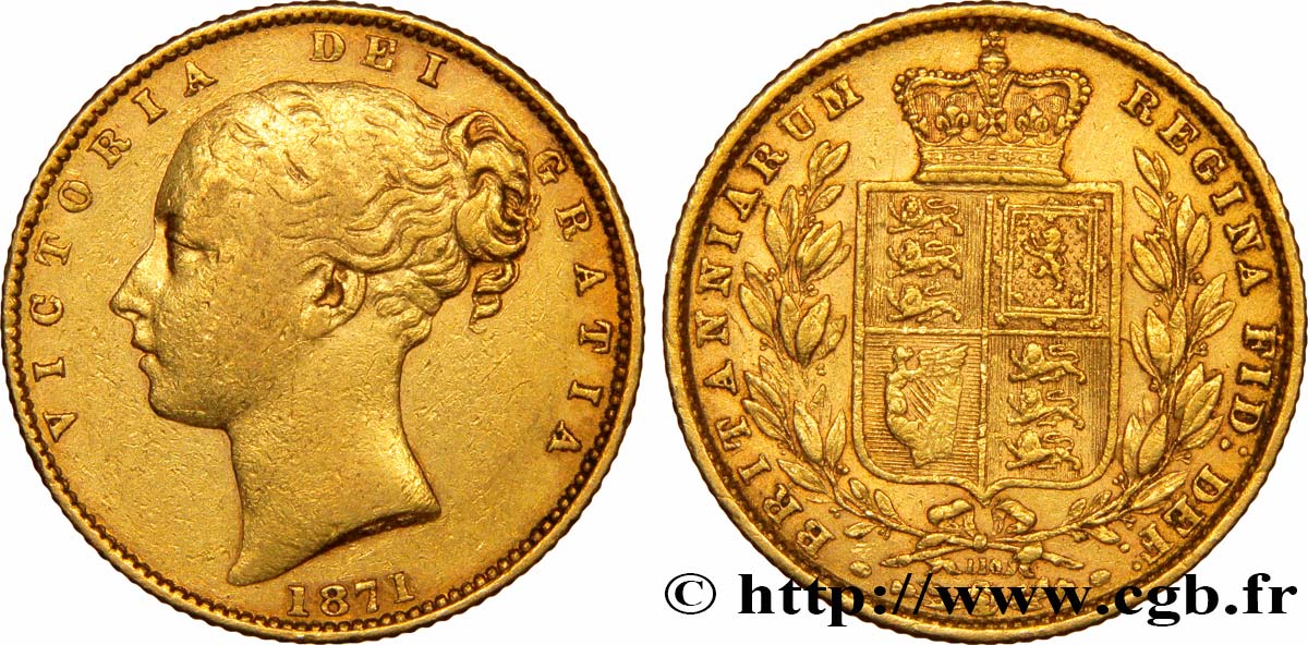 UNITED KINGDOM 1 Souverain Victoria buste jeune variété avec numéro de coin n°110 1871 Londres XF 