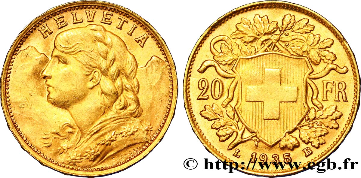 SCHWEIZ 20 Francs or  Vreneli  1935 Berne VZ 