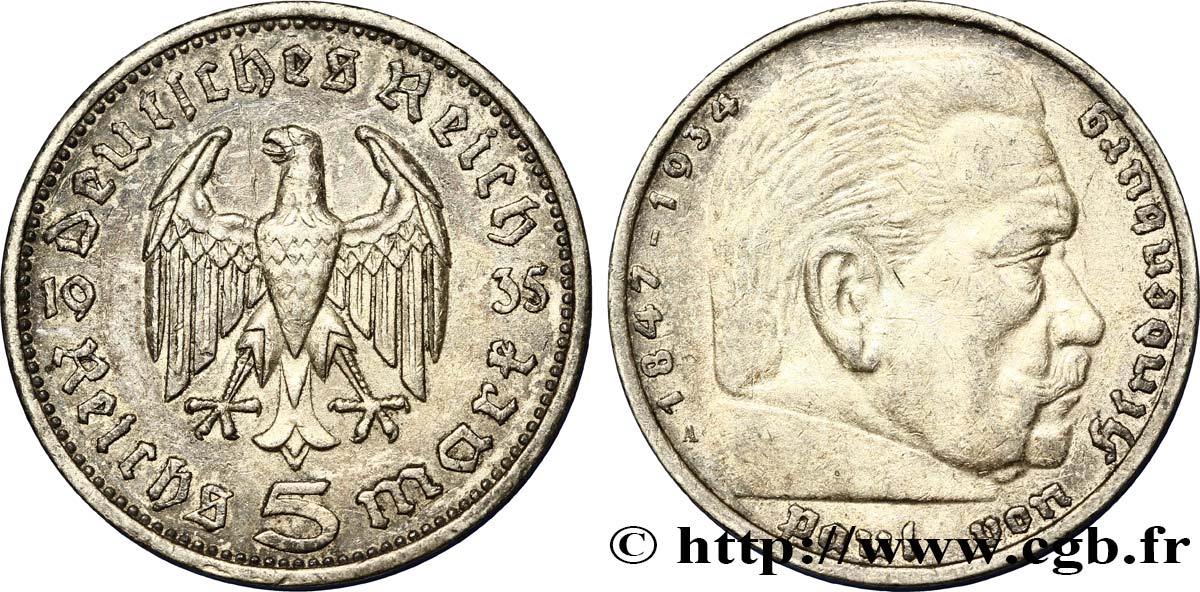 GERMANIA 5 Reichsmark Aigle / Maréchal Paul von Hindenburg 1935 Berlin BB 