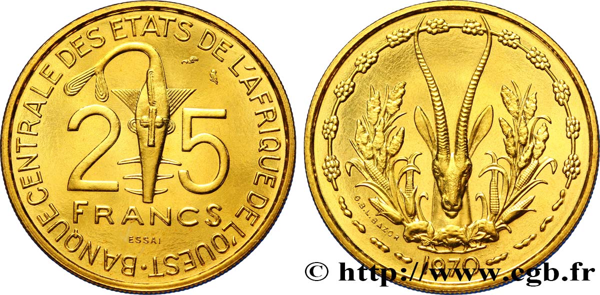 ESTADOS DE ÁFRICA DEL OESTE Essai 25 Francs masque / antilope 1970  SC 