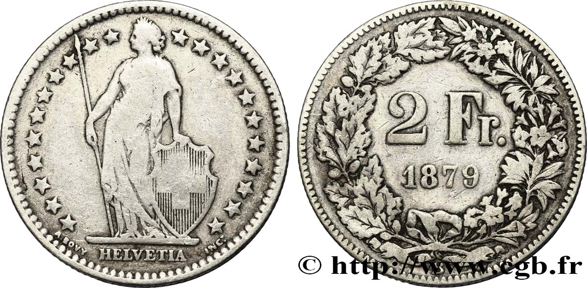 SUISSE 2 Francs Helvetia 1879 Berne - B TB 