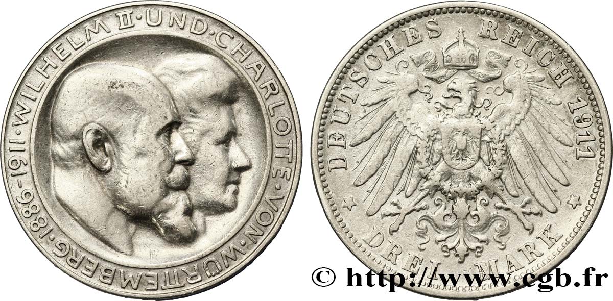 ALLEMAGNE - WURTEMBERG 3 Mark Guillaume II et Charlotte 1911 Stuttgart TB+ 