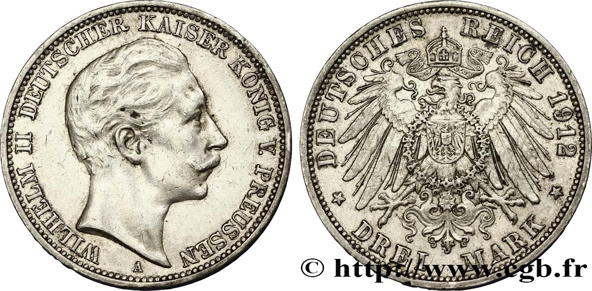 GERMANY - PRUSSIA 3 Mark Guillaume II  1912 Berlin AU 