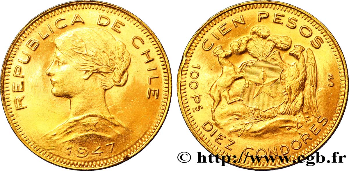 CHILE 100 Pesos or ou 10 condores en or, 2e type buste de la République 1947 Santiago AU 