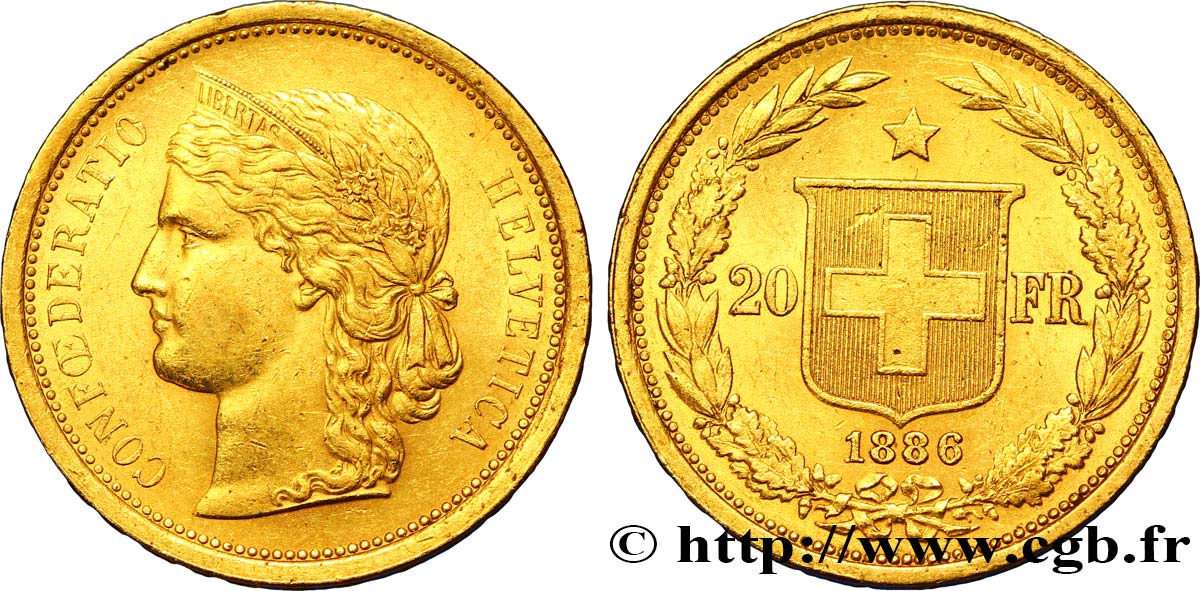 SUIZA 20 Francs or buste diadémé d Helvetia 1886 Berne - B MBC+ 