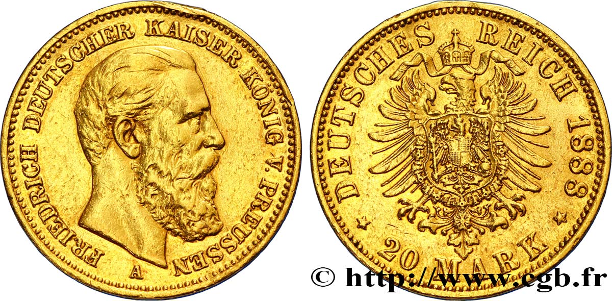 ALLEMAGNE - PRUSSE 20 Mark Frédéric III 1888 Berlin TTB 