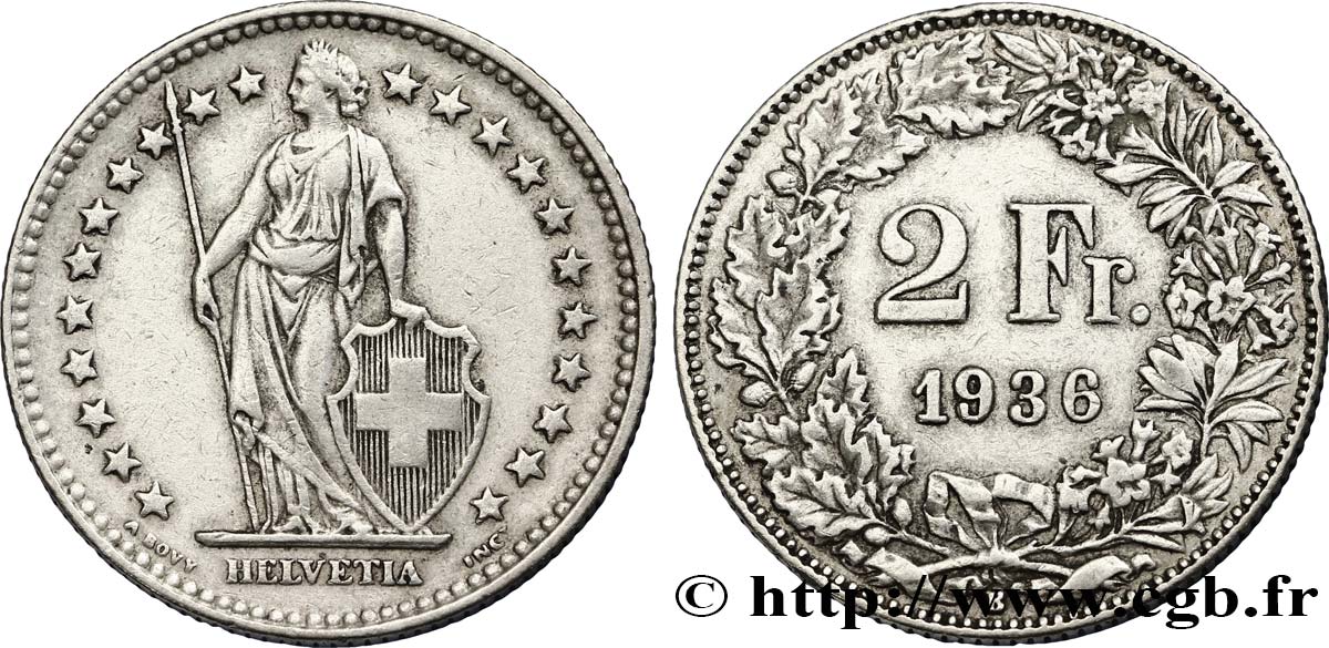 SUISSE 2 Francs Helvetia 1936 Berne - B TTB 