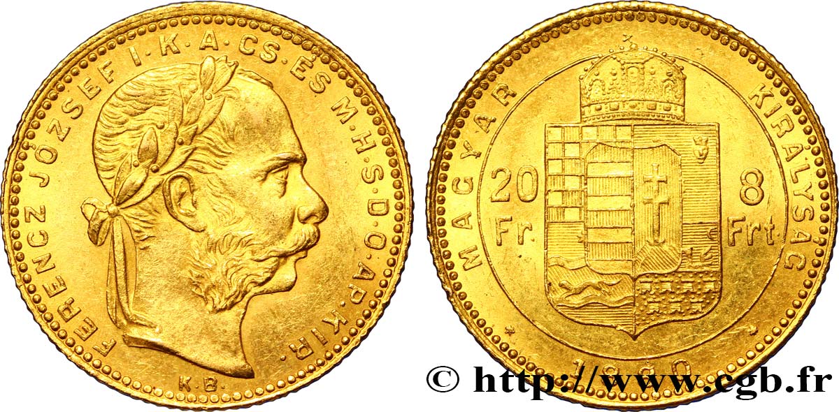 UNGHERIA 20 Francs or ou 8 Forint, 2e type François-Joseph Ier 1880 Kremnitz SPL 