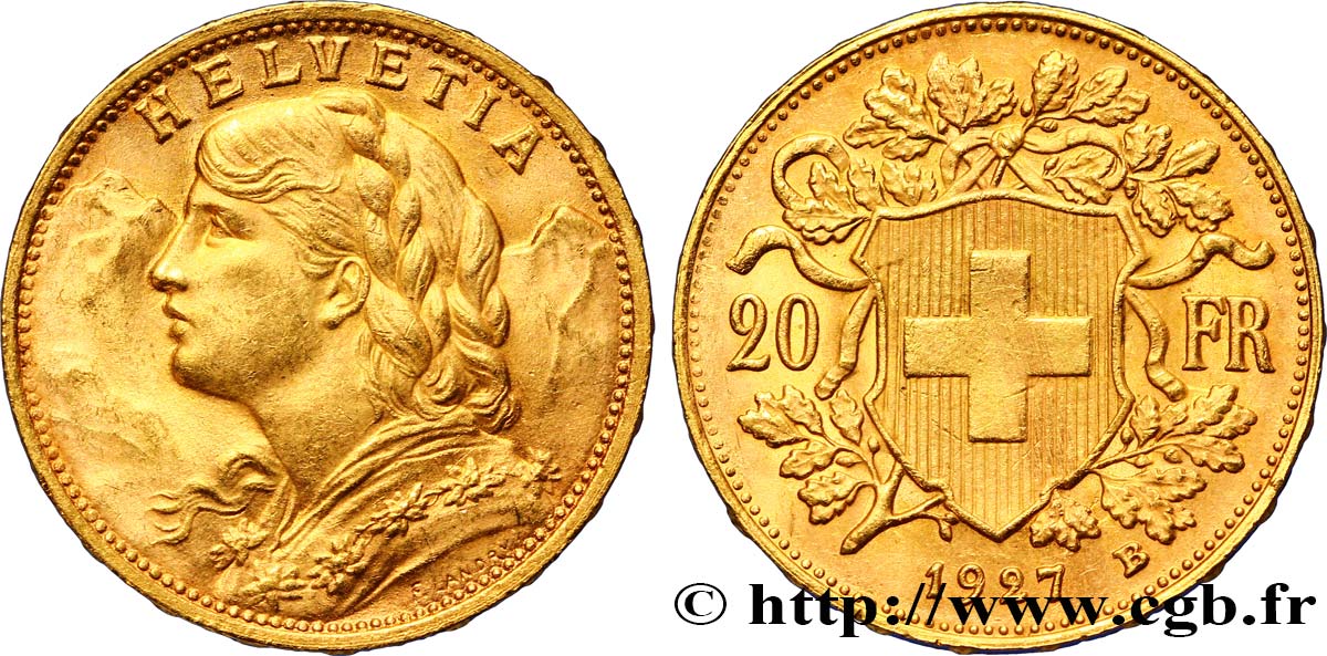 SUISSE 20 Francs or  Vreneli  jeune fille / croix suisse 1927 Berne - B TTB+ 