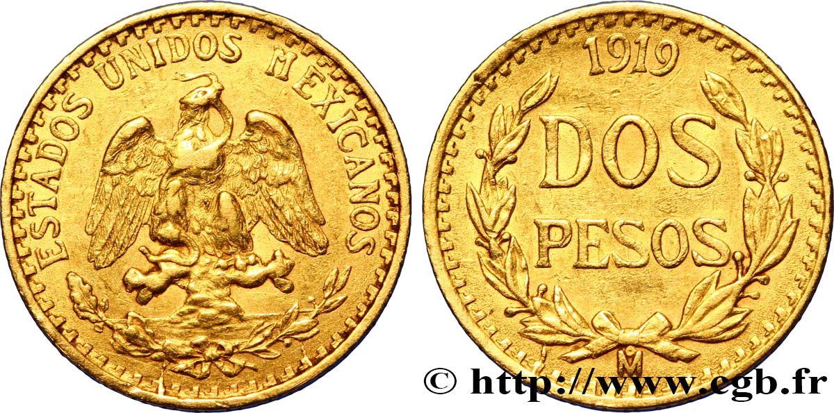 MESSICO 2 Pesos or Aigle du Mexique 1919 Mexico BB 