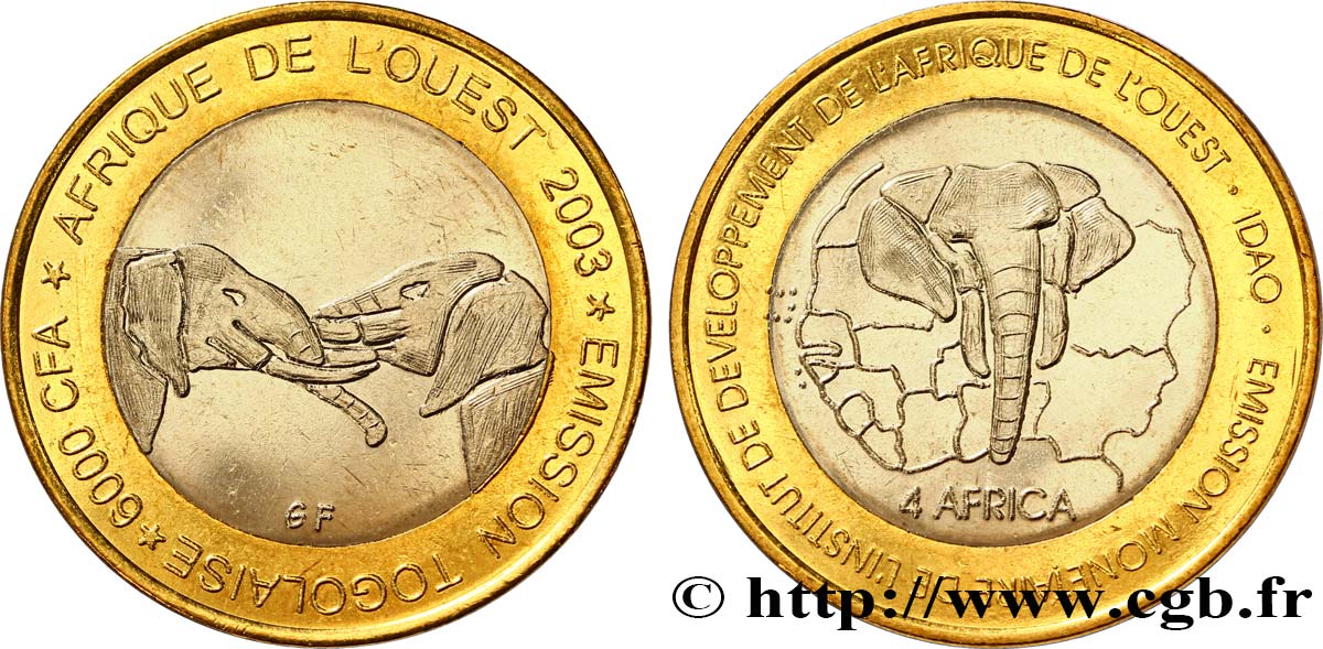 TOGO 6000 Francs éléphants 2003  EBC 