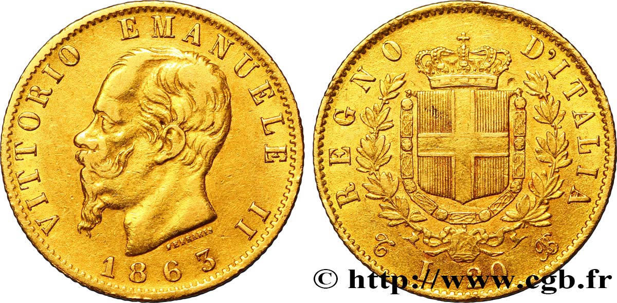 ITALIA 20 Lire Victor Emmanuel II 1863 Turin - T q.BB 