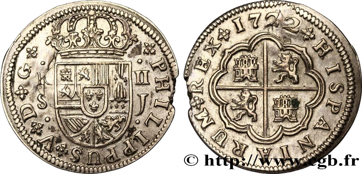 ESPAGNE 2 Reales au nom de Philippe V 1722 Séville SUP 