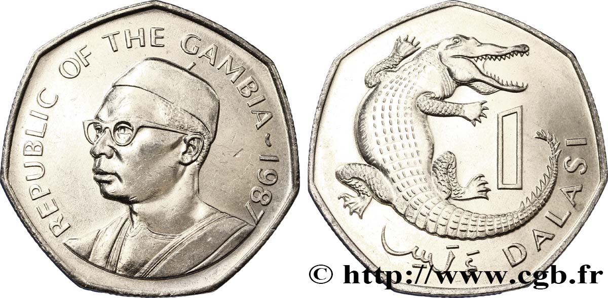 GAMBIA 1 Dalasi Sir Dawda Jawara / crocodile 1987  fST 