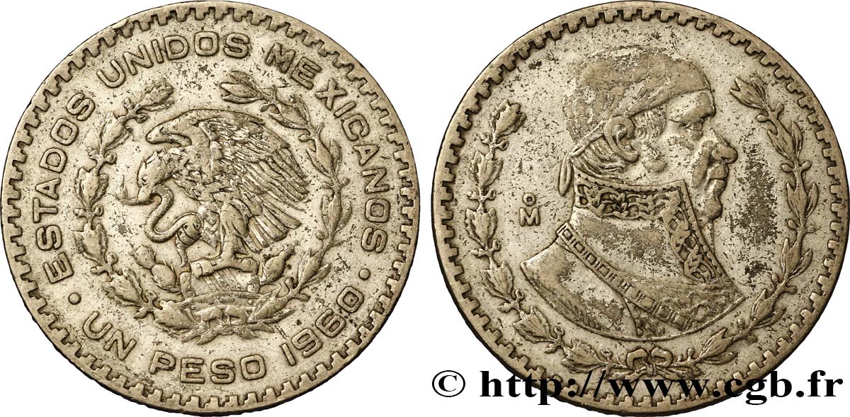 MEXICO 1 Peso Jose Morelos y Pavon / aigle 1960 Mexico XF 