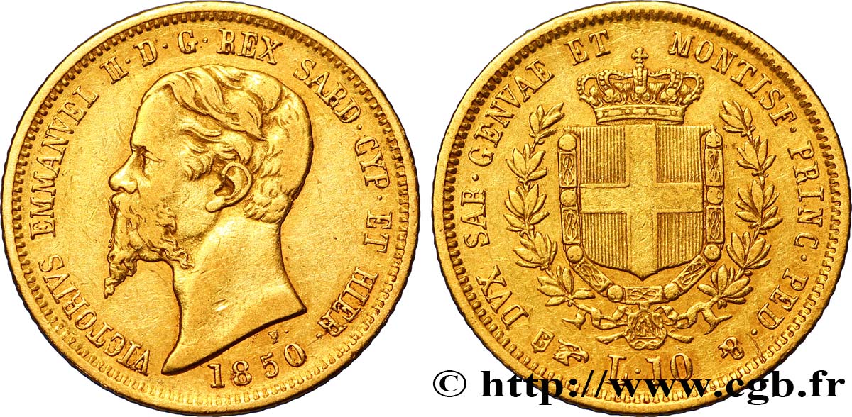 ITALIE - ROYAUME DE SARDAIGNE 10 Lire Victor- Emmanuel II roi de Sardaigne 1850 Turin TB+ 